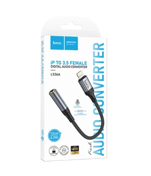 Аудіо кабель Aux Hoco LS36A Fresh 3.5mm to Lightning (0.12m) Metal gray