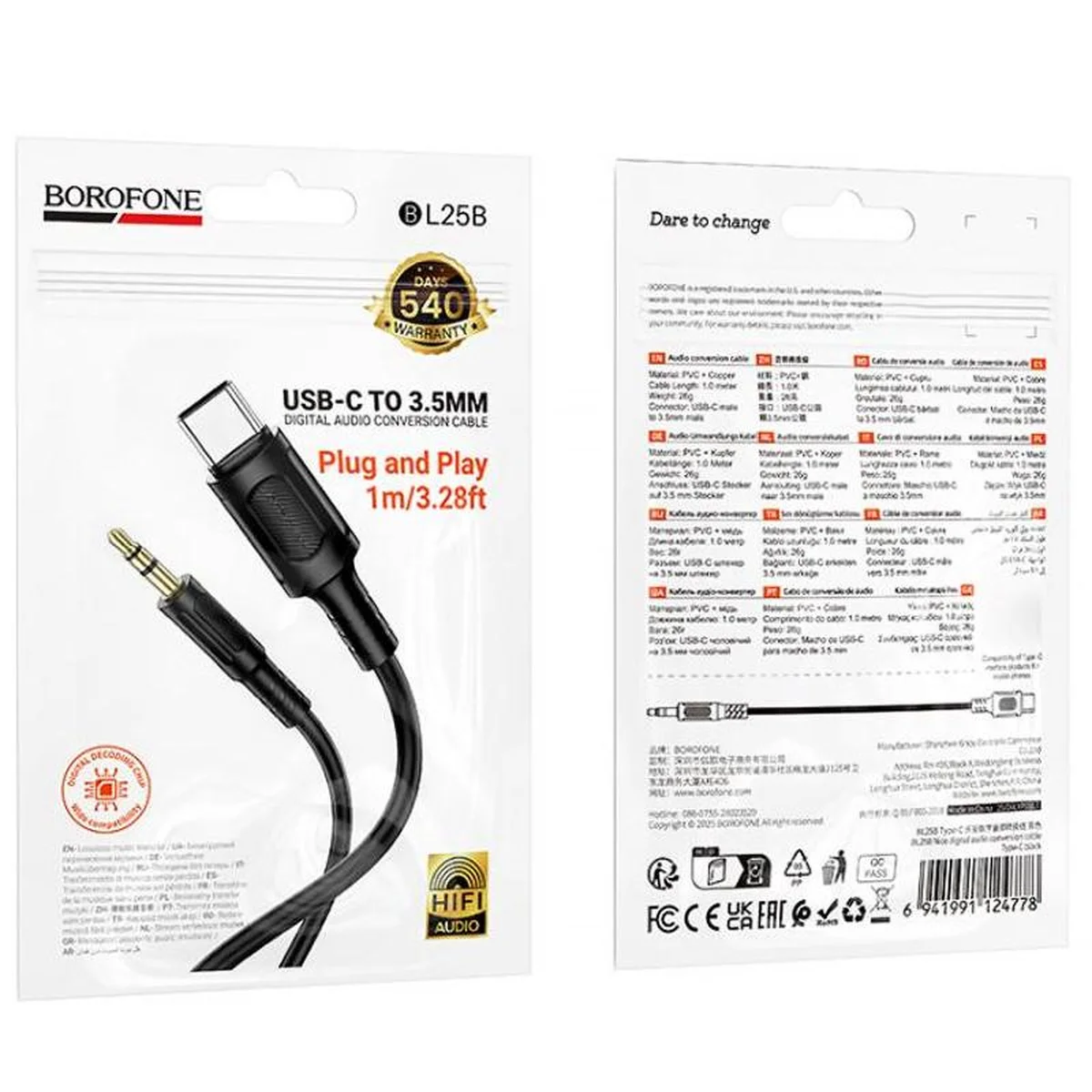 Аудио кабель Aux Borofone BL25B Nice (Type-C to AUX 3.5mm) (1m) Black