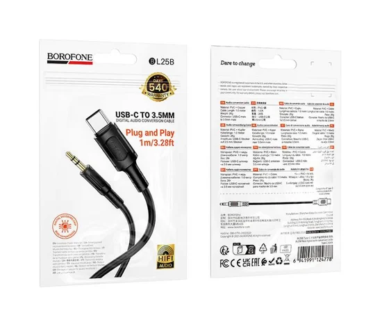 Аудіо кабель Aux Borofone BL25B Nice (Type-C to AUX 3.5mm) (1m) Black