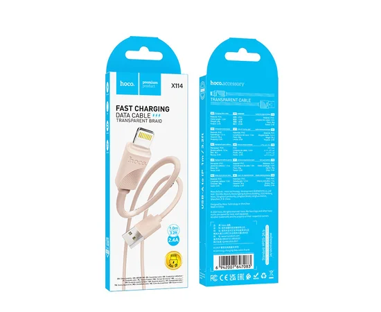 Дата кабель Hoco X114 Energy USB to Lightning 2.4A (1m) Pink