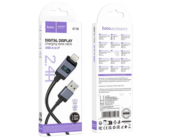 Дата кабель Hoco X118 Generous with display USB to Lightning 2.4A (1m) Black