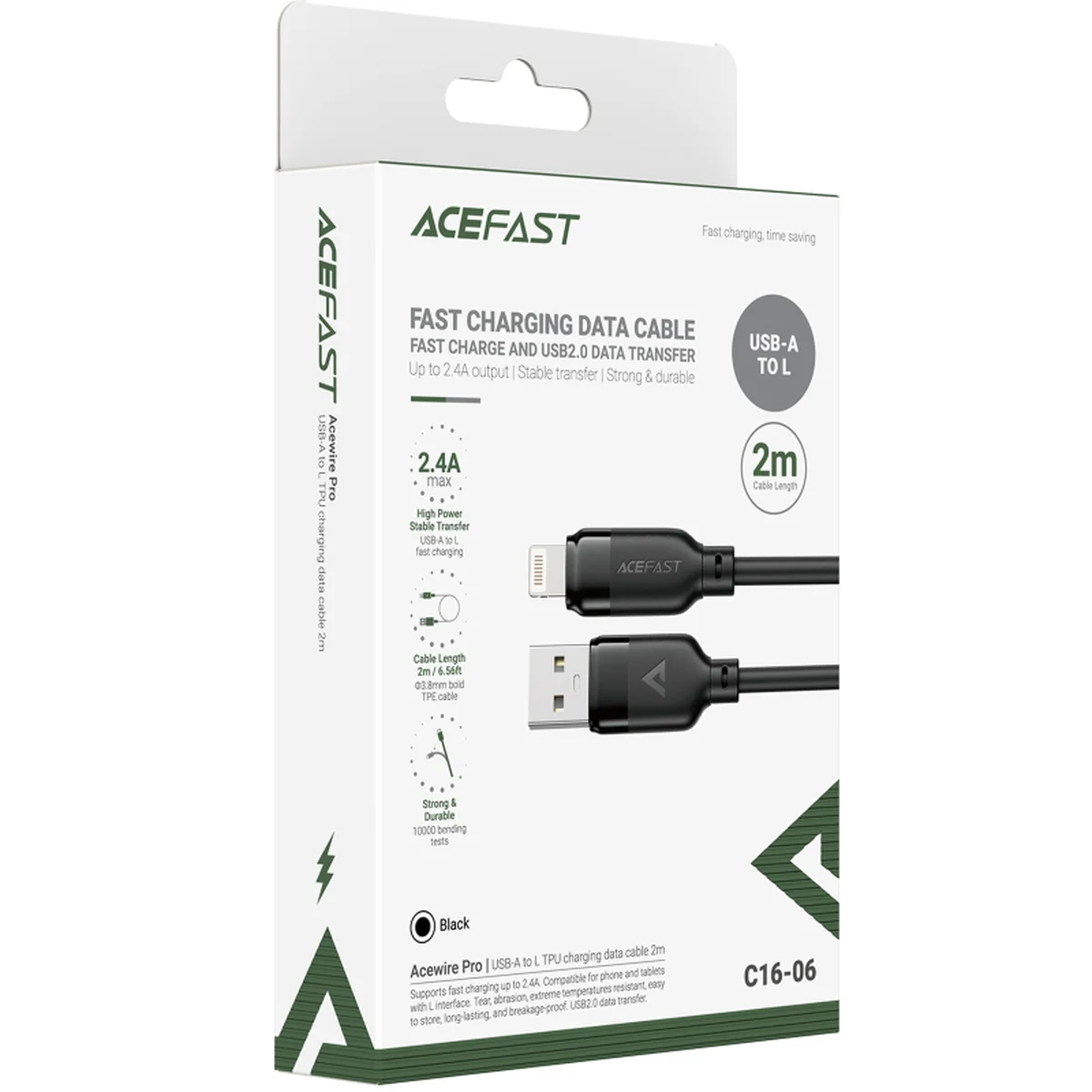 Дата кабель Acefast C16-06 USB to Lightning 2.4A (2m) Black