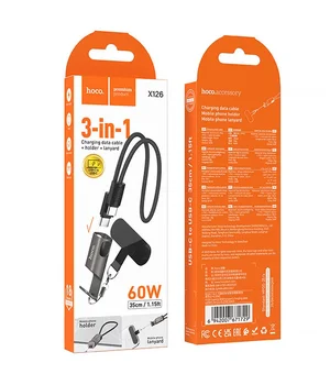 Дата кабель Hoco X126 Experto Type-C to Type-C 60W + Phone Holder & Lanyard (0.35m) Black