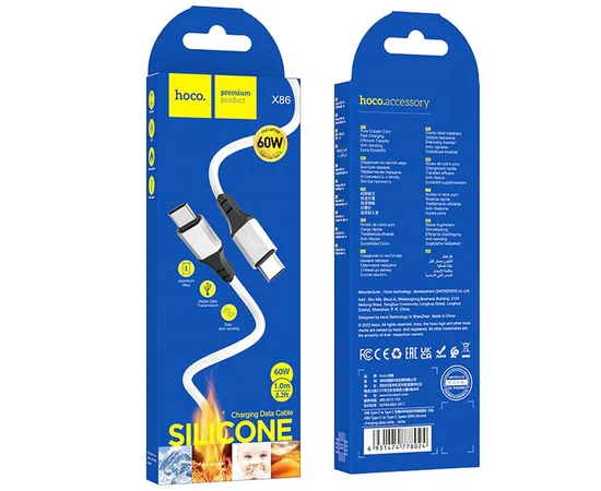 Дата кабель Hoco X86 Spear Type-C to Type-C 60W (1m) White