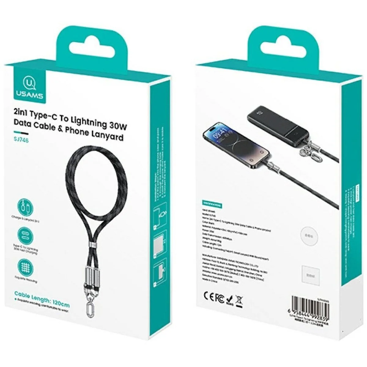 Дата кабель-шнурок Usams US-SJ746 Type-C to Lightning 30W (1.2m) Black