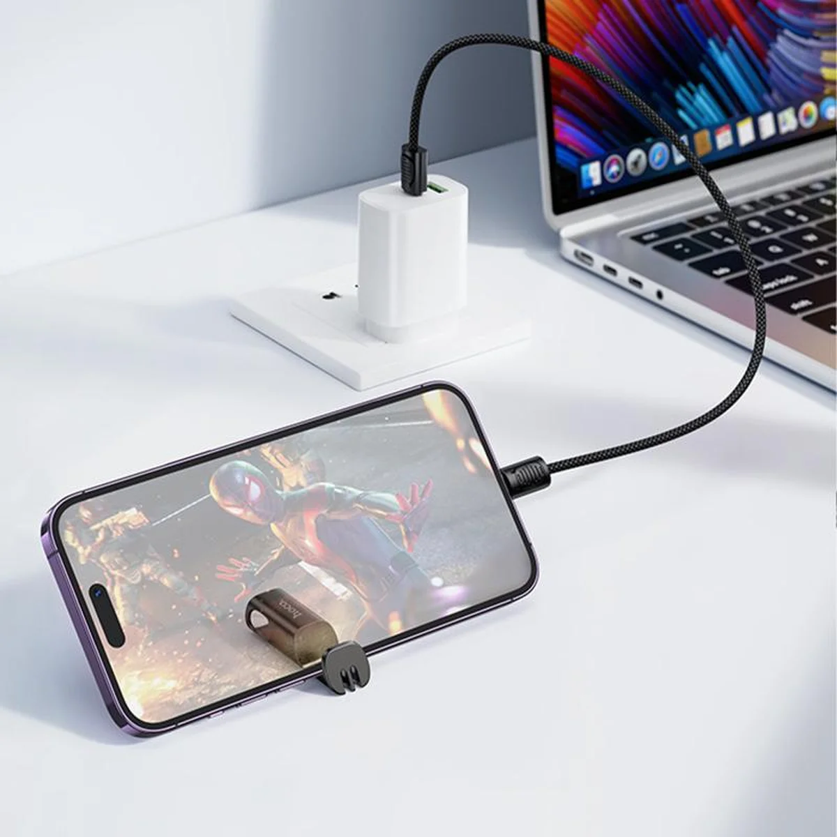 Дата кабель Hoco X126 Experto Type-C to Lightning 30W + Phone Holder & Lanyard (0.35m) Black