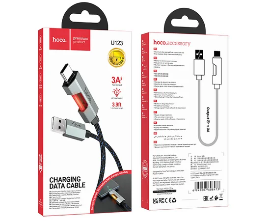 Дата кабель Hoco U123 Regent colorful 3A USB to Type-C (1.2m) Black