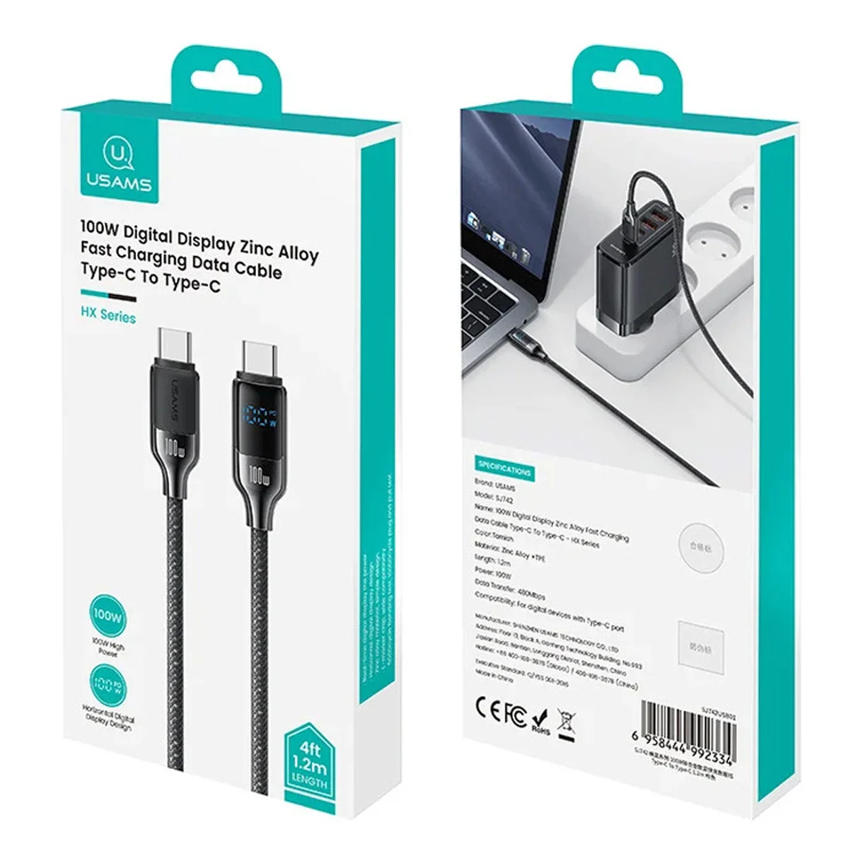 Дата кабель Usams US-SJ742 Digital Display HX Ser. Type-C to Type-C 100W (1.2m) Tarnish