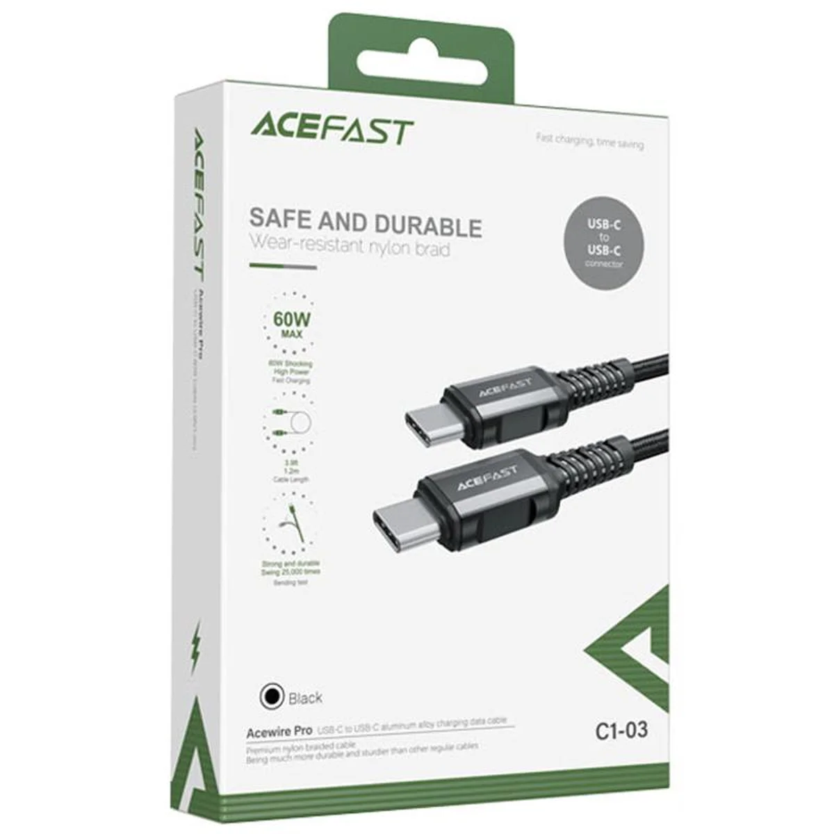 Дата кабель Acefast C1-03 Type-C to Type-C 60W (1.2m) Black