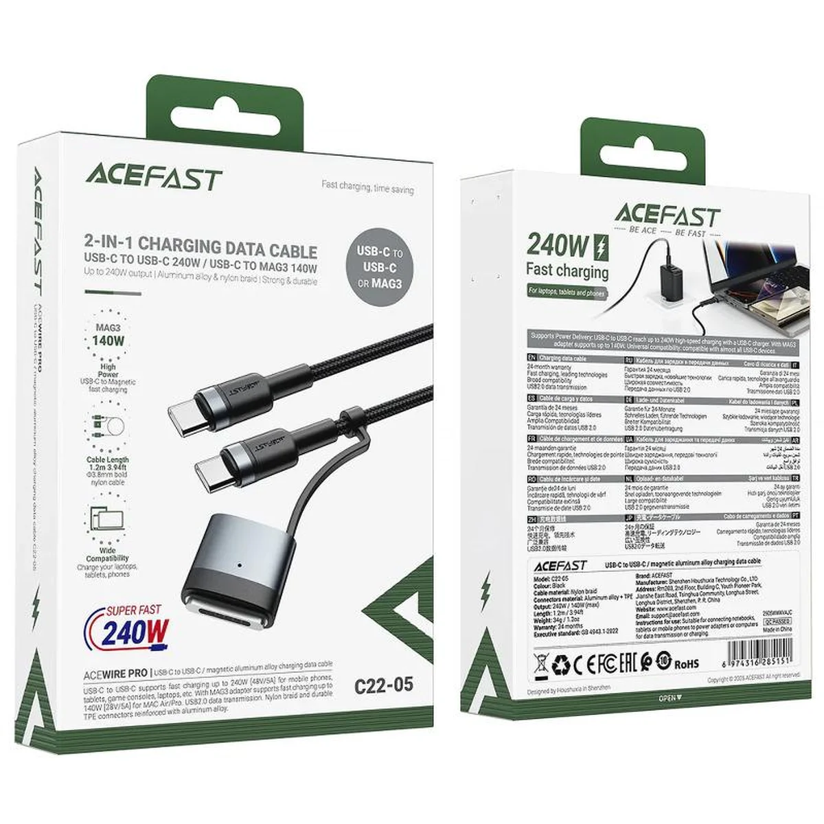 Дата кабель Acefast C22-05 2in1 Type-C to Type-C 240W/MAG3 140W (1.2m) Black