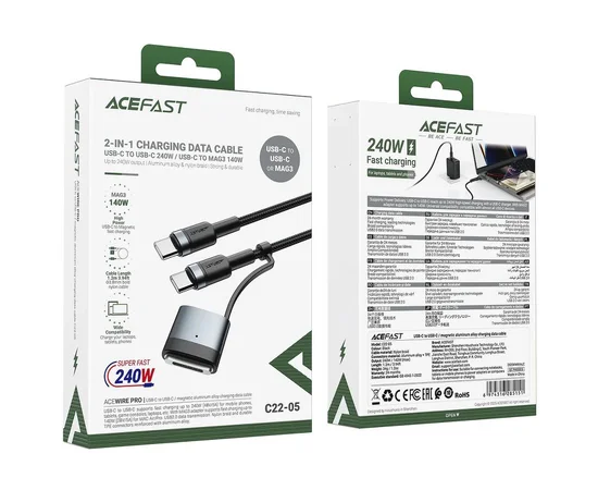Дата кабель Acefast C22-05 2in1 Type-C to Type-C 240W/MAG3 140W (1.2m) Black
