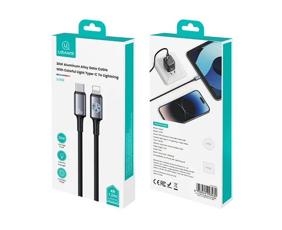 Дата кабель Usams US-SJ753 With Colorful Light Huan Ser. Type-C to Lightning 30W (1.2m) Tarnish