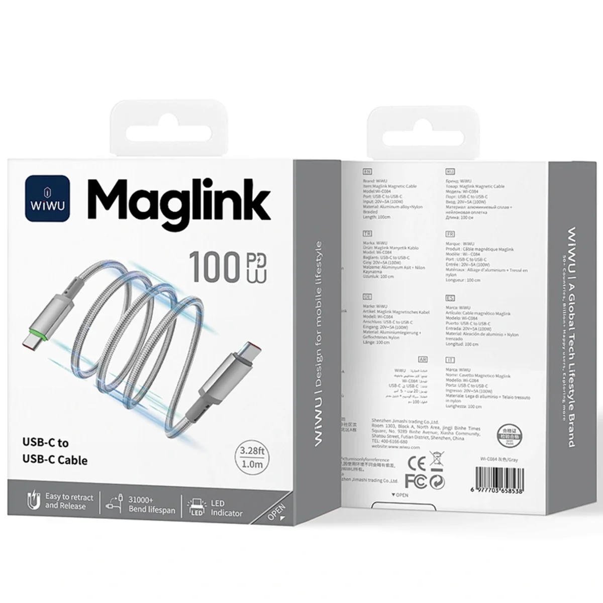 Дата кабель WIWU C084 Maglink Type-C to Type-C 100W (1m) Grey