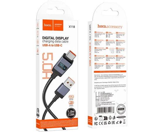 Дата кабель Hoco X118 Generous with display USB to Type-C 5A (1m) Black