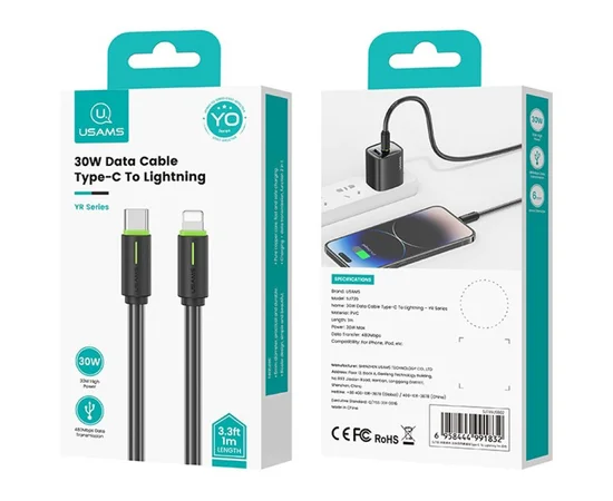 Дата кабель Usams US-SJ735 Bicolor Charging YR Ser. Type-C to Lightning 30W (1m) Black