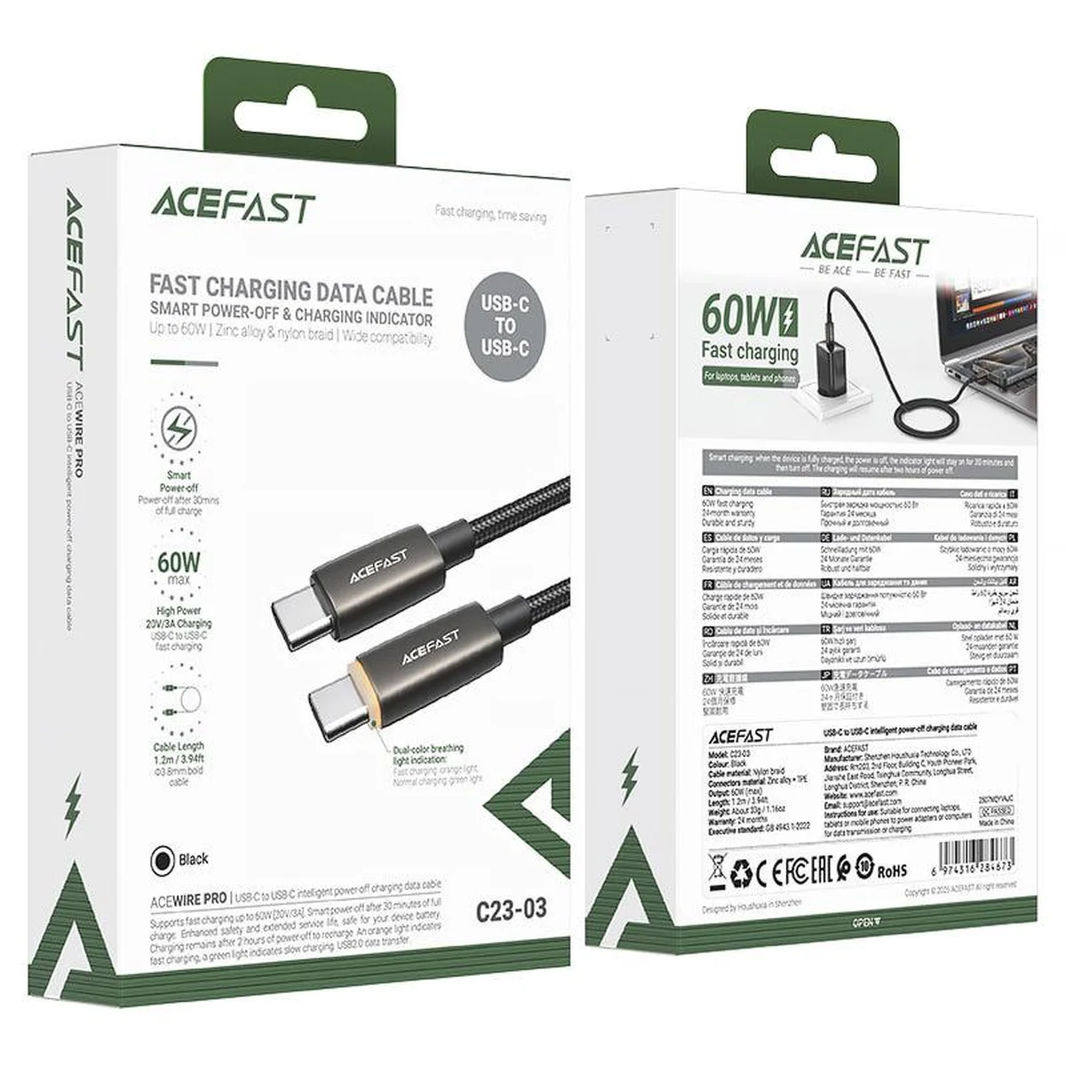 Дата кабель Acefast C23-03 Type-C to Type-C 60W (1.2m) Black