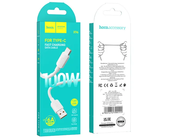 Дата кабель Hoco X96 Hyper USB to Type-C 100W (0.25m) White