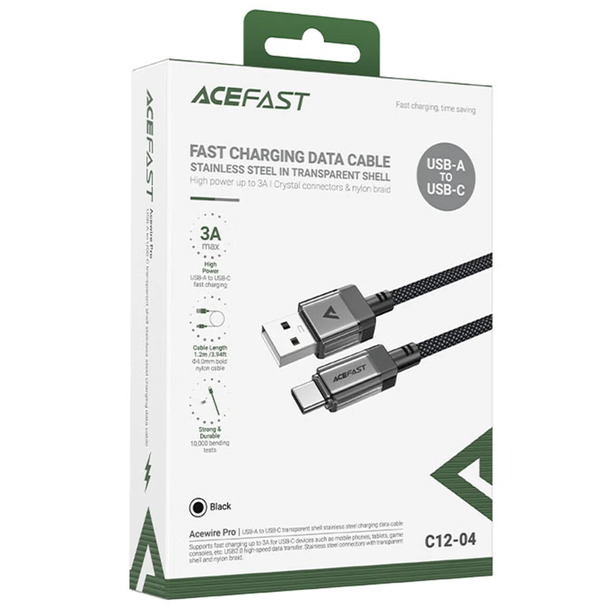Дата кабель Acefast C12-04 USB to Type-C 3A (1.2m) Black