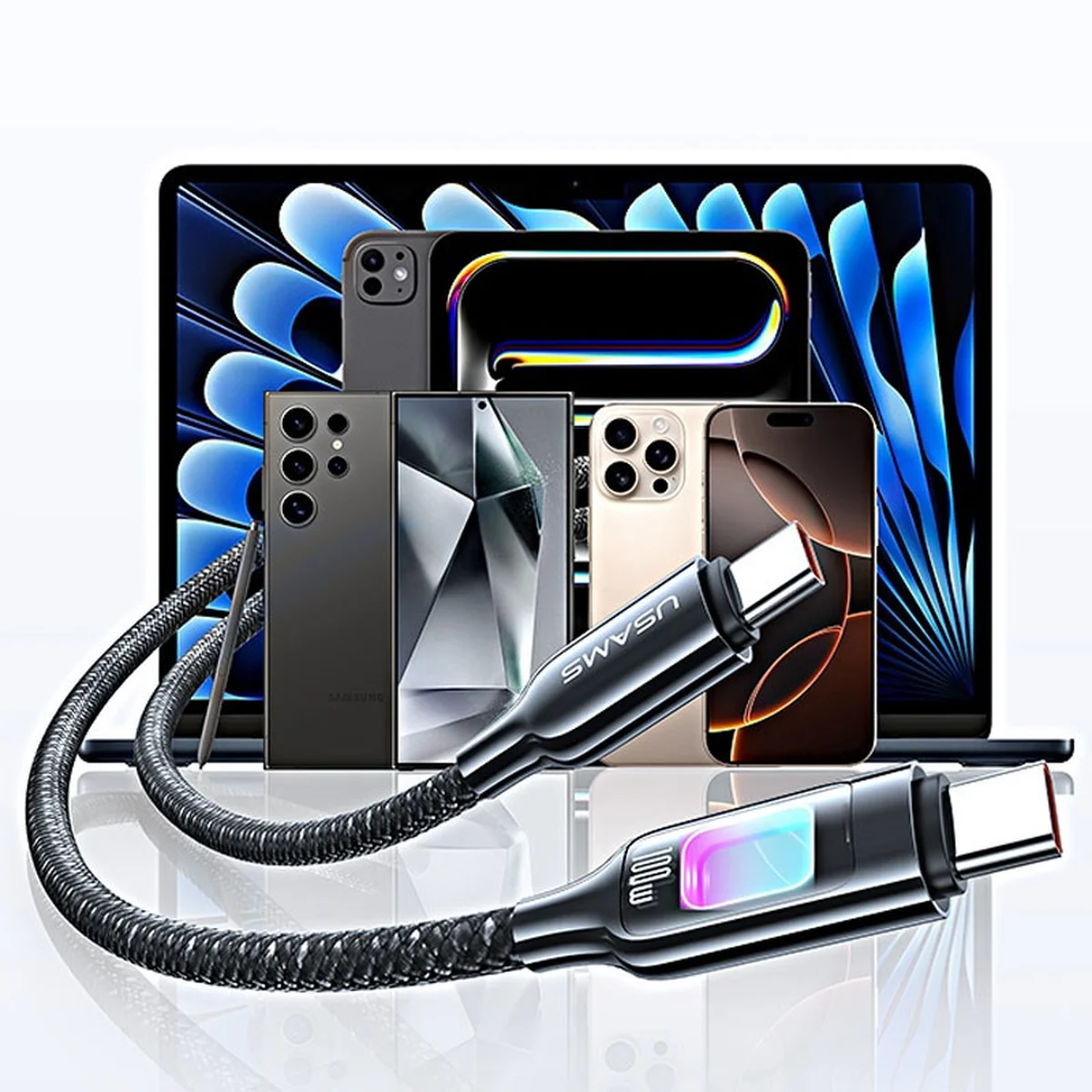 Дата кабель Usams US-SJ750 With Colorful Light TC Ser. Type-C to Type-C 100W (1.2m) Tarnish