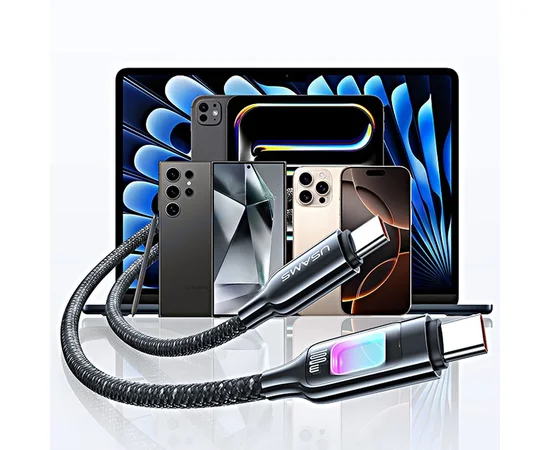 Дата кабель Usams US-SJ750 With Colorful Light TC Ser. Type-C to Type-C 100W (1.2m) Tarnish