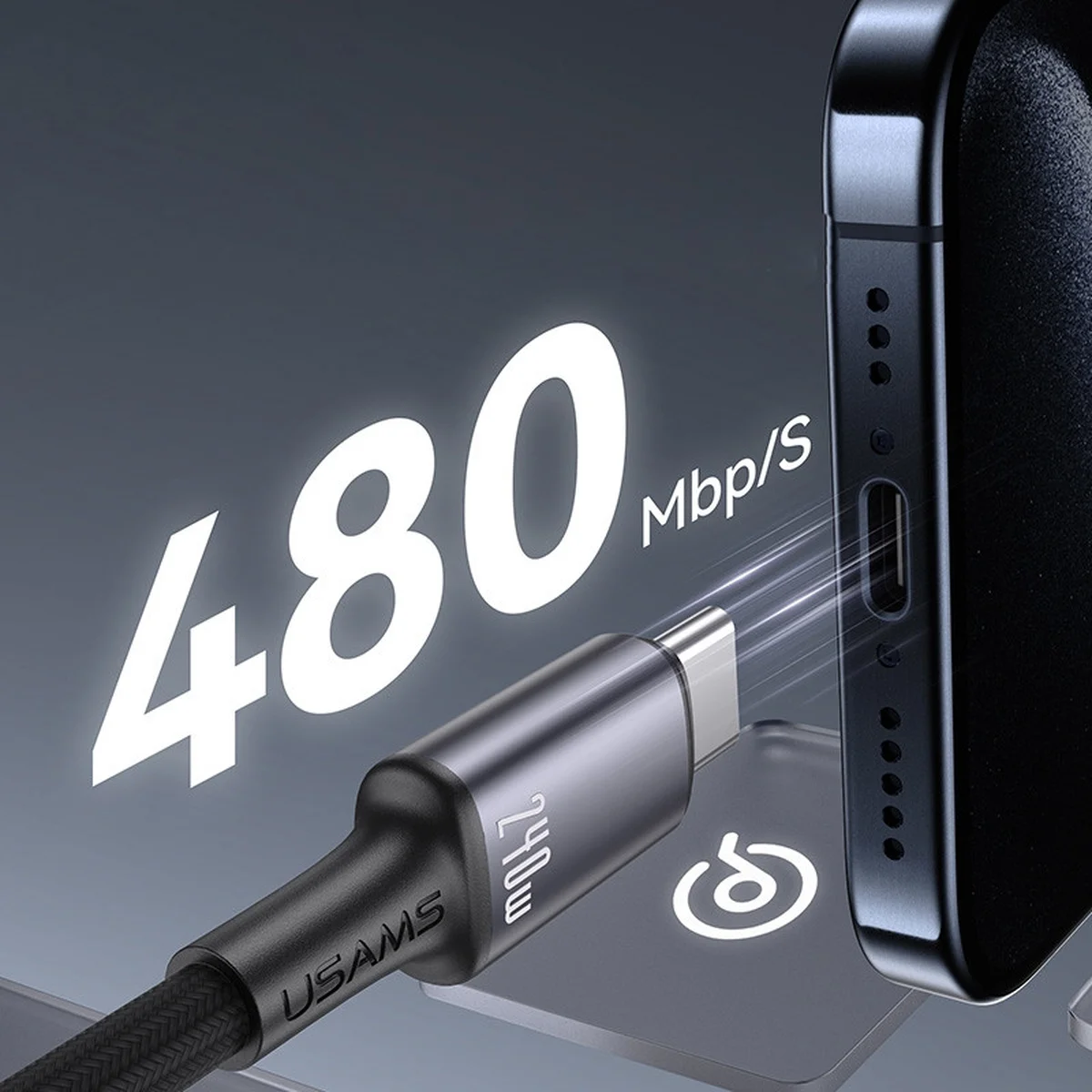 Дата кабель Usams US-SJ751 With Colorful Light Huan Ser. Type-C to Type-C 240W (1.2m) Desert Titanium