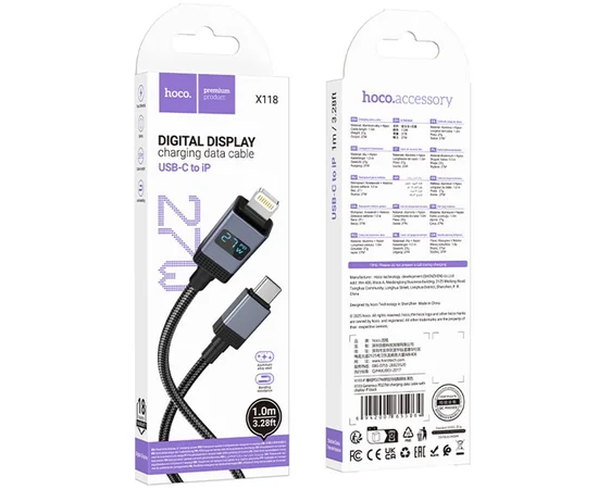 Дата кабель Hoco X118 Generous with display Type-C to Lightning 27W (1m) Black