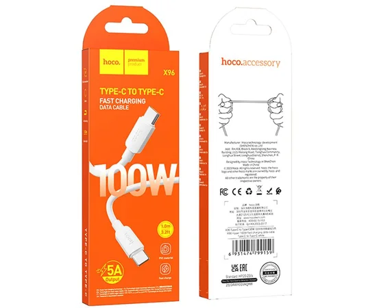 Дата кабель Hoco X96 Hyper Type-C to Type-C 100W (1m) White