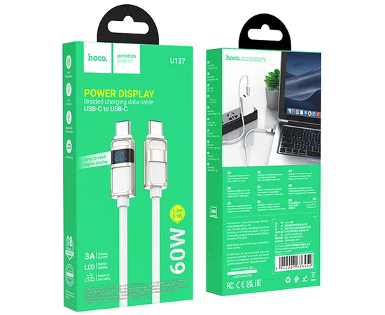 Дата кабель Hoco U137 Line with display Type-C to Type-C 60W (1.2m) White