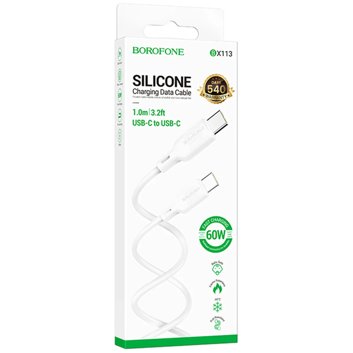 Дата кабель Borofone BX113 Lenny Type-C to Type-C 60W (1m) White