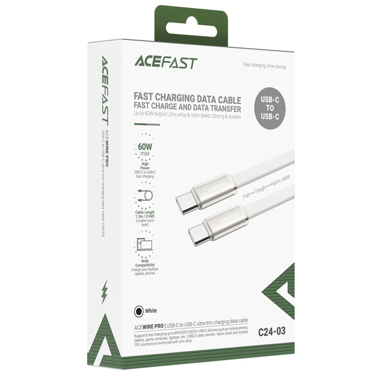 Дата кабель Acefast C24-03 Type-C to Type-C 60W (1.2m) White