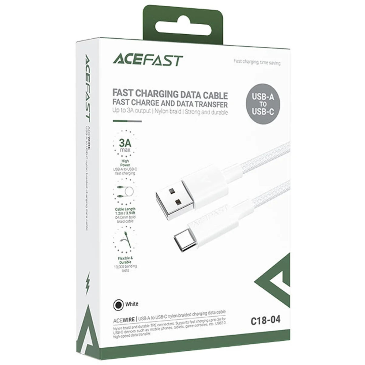 Дата кабель Acefast C18-04 USB to Type-C 3A (1.2m) White