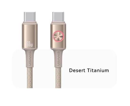 Дата кабель Usams US-SJ752 With Colorful Light Huan Ser. Type-C to Type-C 60W (1.2m) Desert Titanium