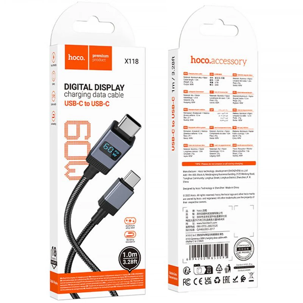 Дата кабель Hoco X118 Generous with display Type-C to Type-C 60W (1m) Black