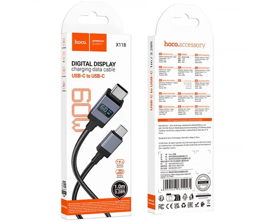 Дата кабель Hoco X118 Generous with display Type-C to Type-C 60W (1m) Black