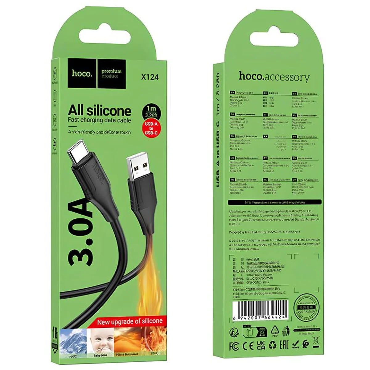 Дата кабель Hoco X124 Bien silicone USB to Type-C 3A (1m) Black
