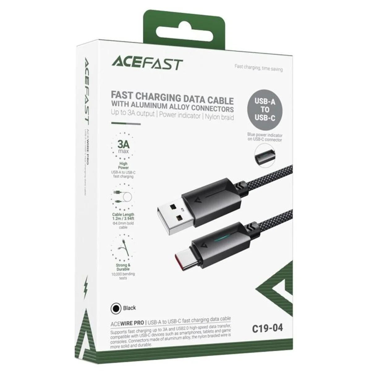 Дата кабель Acefast C19-04 USB to Type-C 3A (1.2m) Black