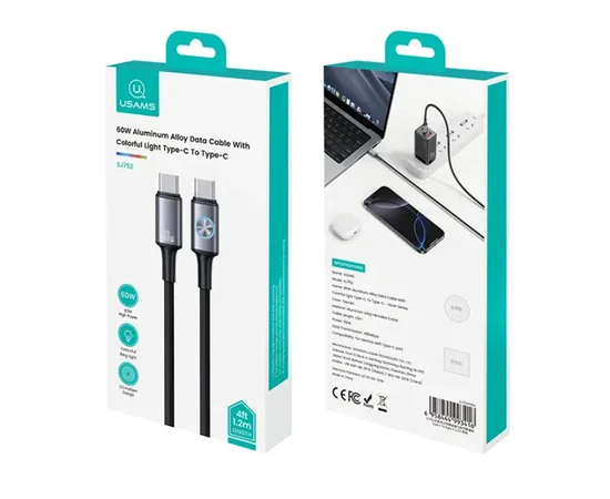 Дата кабель Usams US-SJ752 With Colorful Light Huan Ser. Type-C to Type-C 60W (1.2m) Tarnish