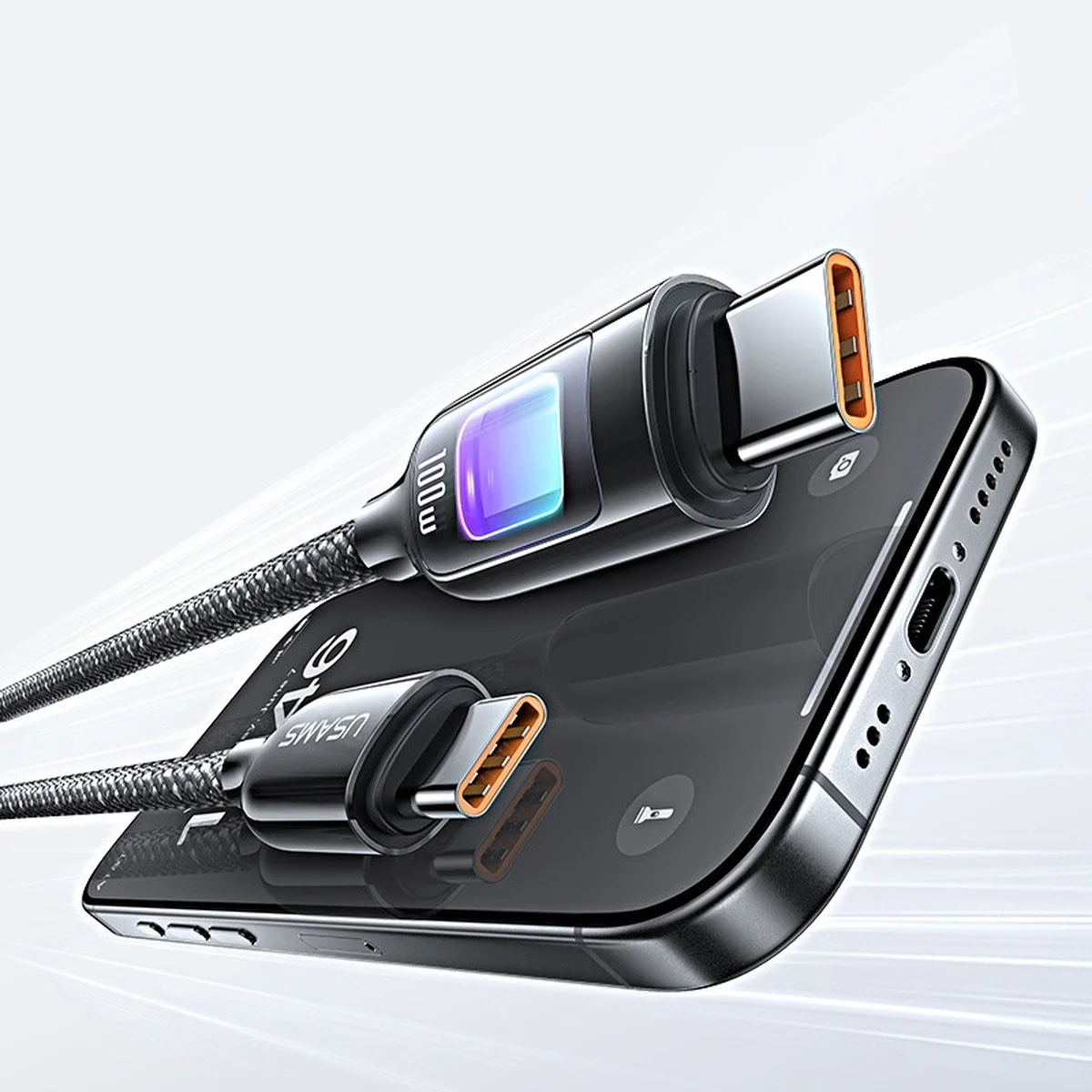 Дата кабель Usams US-SJ750 With Colorful Light TC Ser. Type-C to Type-C 100W (1.2m) Tarnish