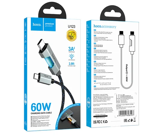 Дата кабель Hoco U123 Regent colorful 60W Type-C to Type-C (1.2m) Black