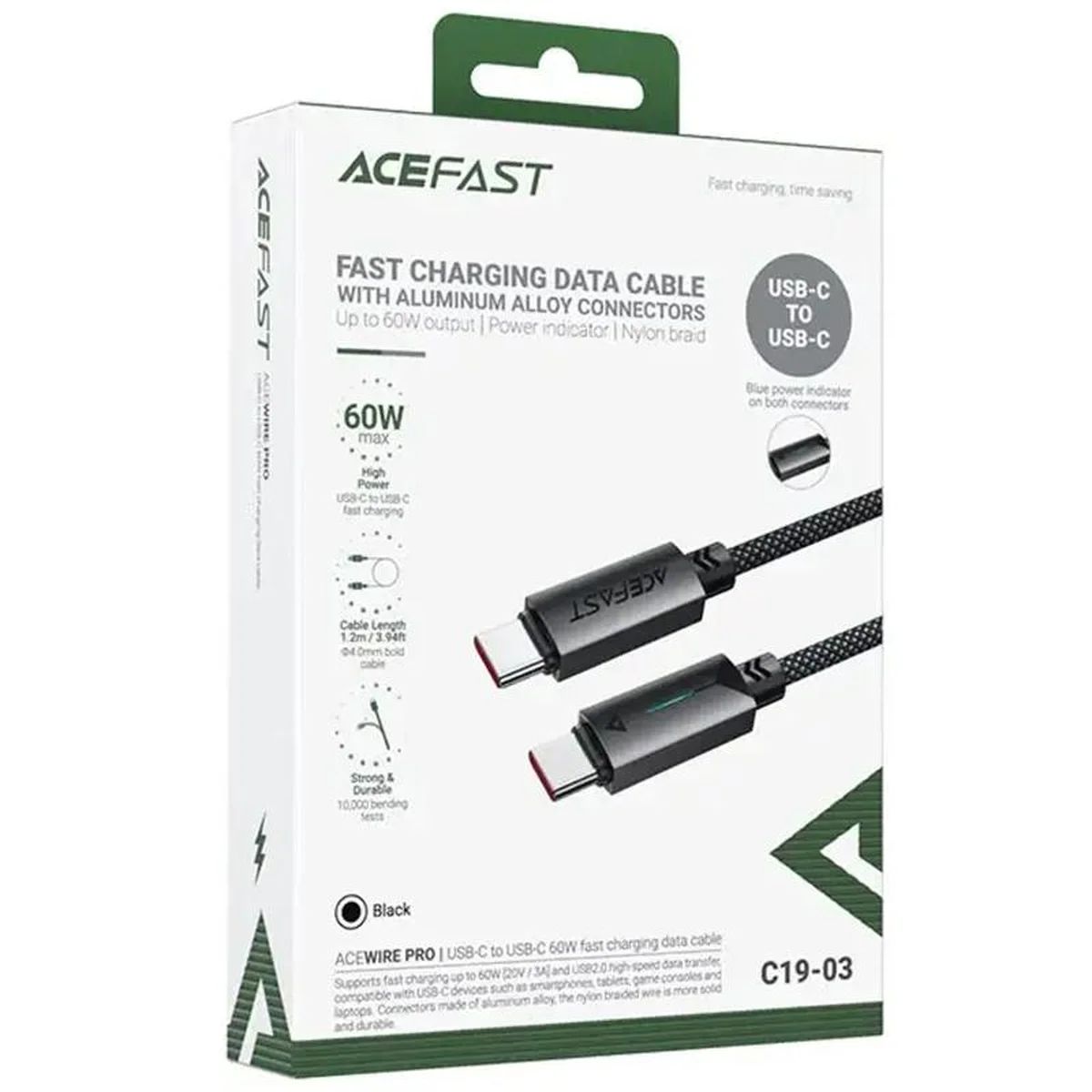 Дата кабель Acefast C19-03 Type-C to Type-C 60W (1.2m) Black