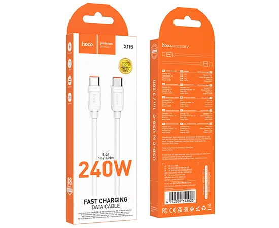 Дата кабель Hoco X115 Surpass Type-C to Type-C 240W (1m) White