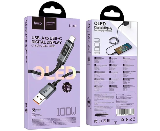 Дата кабель Hoco U148 Lord with display USB to Type-C 100W (1.2m) Black