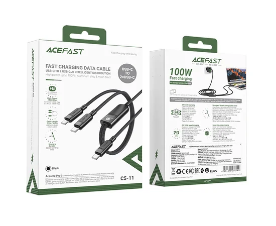 Дата кабель Acefast C5-11 USB-C to 2xUSB-C 100W (1.2m) Black