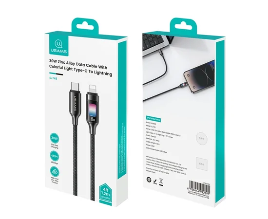 Дата кабель Usams US-SJ749 With Colorful Light TC Ser. Type-C to Lightning 30W (1.2m) Tarnish