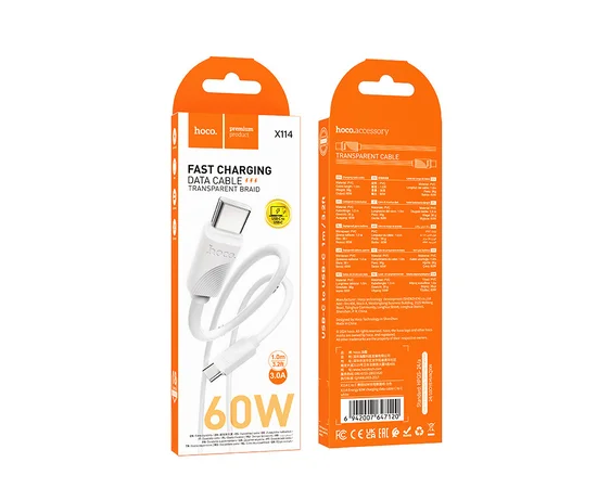 Дата кабель Hoco X114 Energy Type-C to Type-C 60W (1m) White