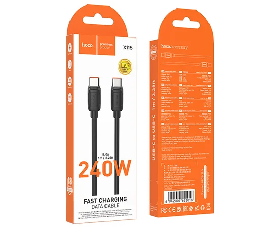 Дата кабель Hoco X115 Surpass Type-C to Type-C 240W (1m) Black