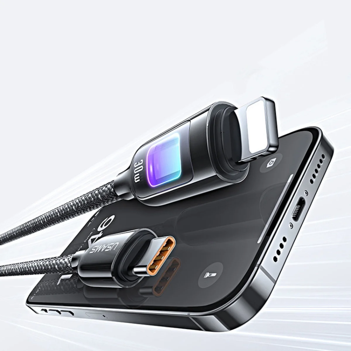 Дата кабель Usams US-SJ749 With Colorful Light TC Ser. Type-C to Lightning 30W (1.2m) Tarnish