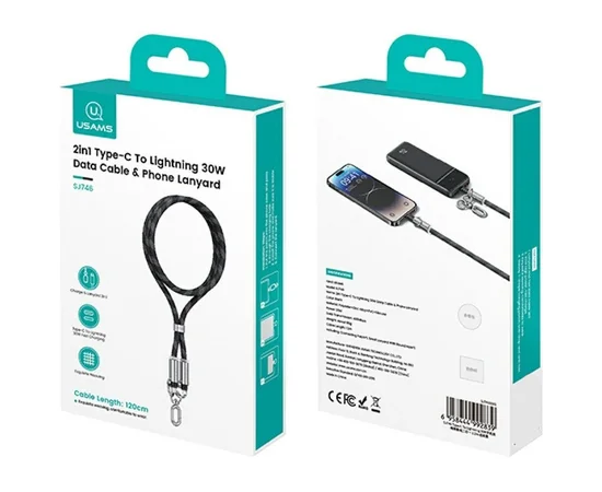 Дата кабель-шнурок Usams US-SJ746 Type-C to Lightning 30W (1.2m) Black