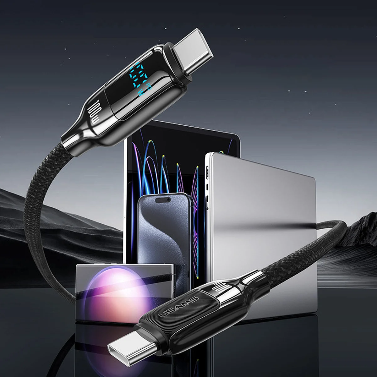 Дата кабель Usams US-SJ742 Digital Display HX Ser. Type-C to Type-C 100W (1.2m) Tarnish