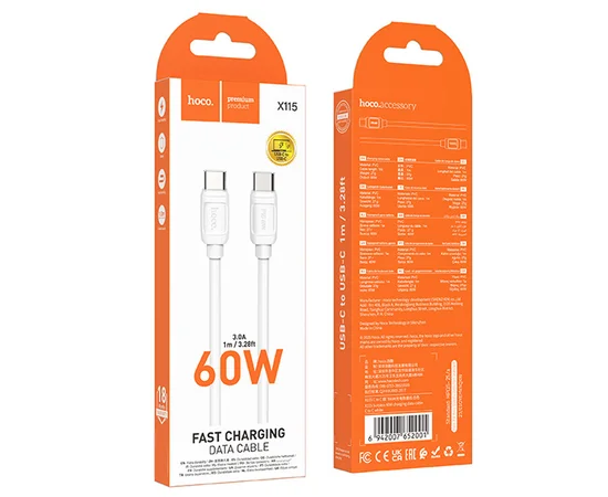 Дата кабель Hoco X115 Surpass Type-C to Type-C 60W (1m) White